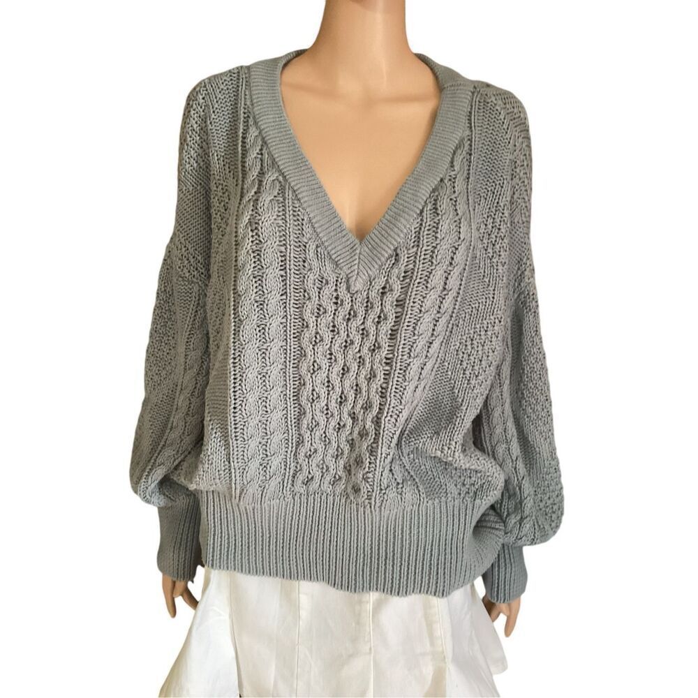 Vintage Gray V-Neck Chunky Knit Oversized  Sweater